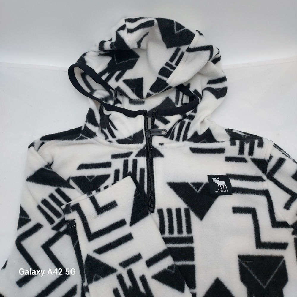 Abercrombie Kid Fleece Hoodie Black White Geometric Tribal Quarter Zip SZ 11/12